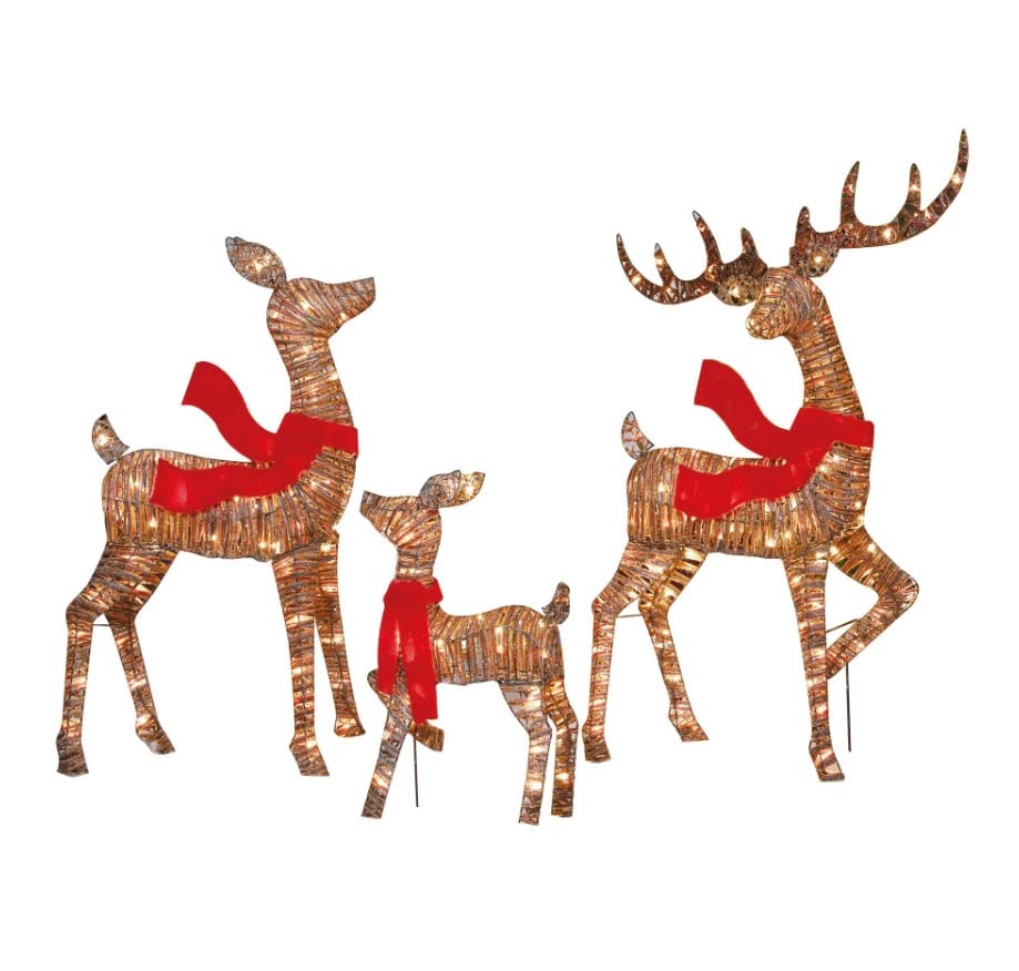 Christmas Reindeer Family 3 Piece Set, Glittering Brown Buck, Doe and Baby Deer Fawn Patio Sculpture for Outdoor Winter Holiday Lawn Decoration Yard Art Santas Reindeer