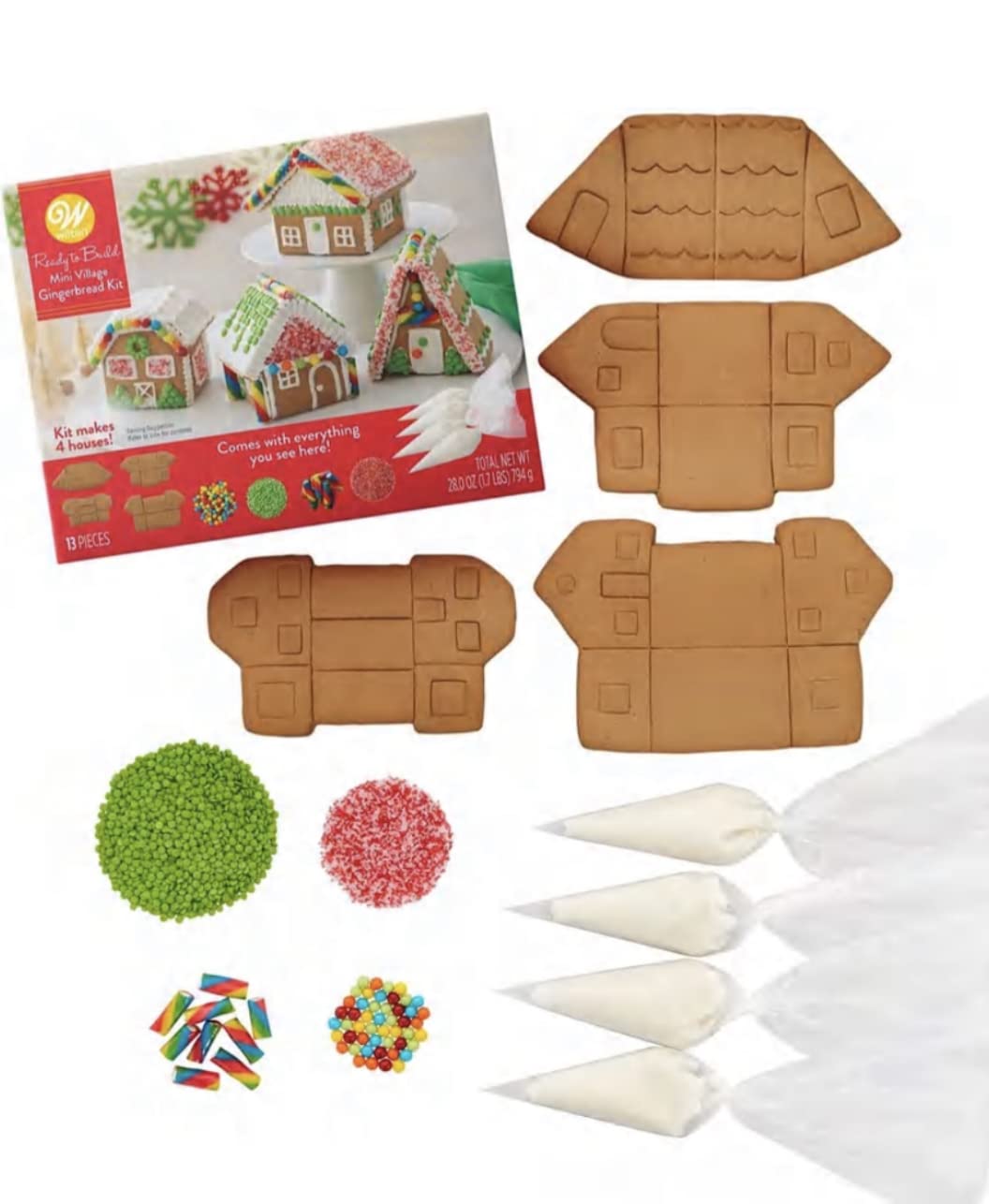 Gingerbread House Kit - Christmas Mini Village Build It Yourself Set - Includes BONUS Fote Festive Mints, 4 Panels, Mini-Colored Candies, Confetti Sprinkles, Candy Cane Sticks, Sugar, and Vanilla Icing