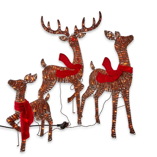 Christmas Reindeer Family 3 Piece Set, Glittering Brown Buck, Doe and Baby Deer Fawn Patio Sculpture for Outdoor Winter Holiday Lawn Decoration Yard Art Santas Reindeer